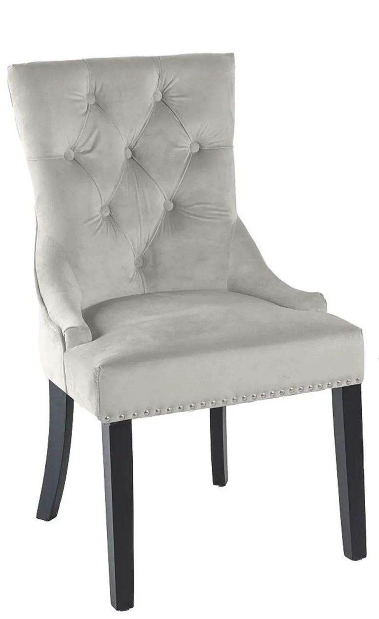 Milan Grey Marble Dining Set - Knocker Back Champagne Velvet Fabric Dining Chair with Black Wooden Legs