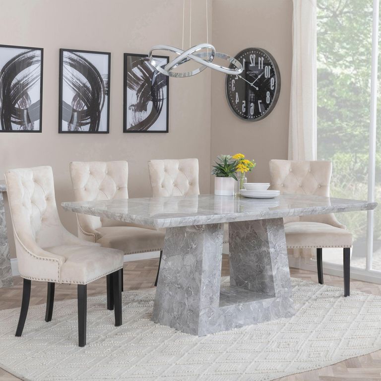 Milan Grey Marble Dining Set - Knocker Back Champagne Velvet Fabric Dining Chair with Black Wooden Legs