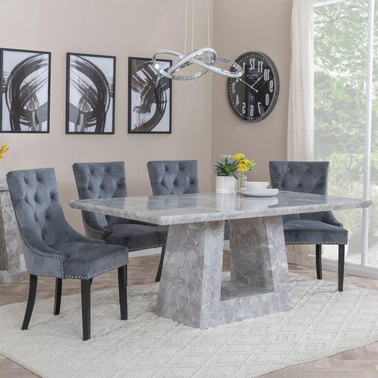 Milan Grey Marble Dining Set - Knocker Back Grey Velvet Fabric Dining Chair with Black Wooden Legs