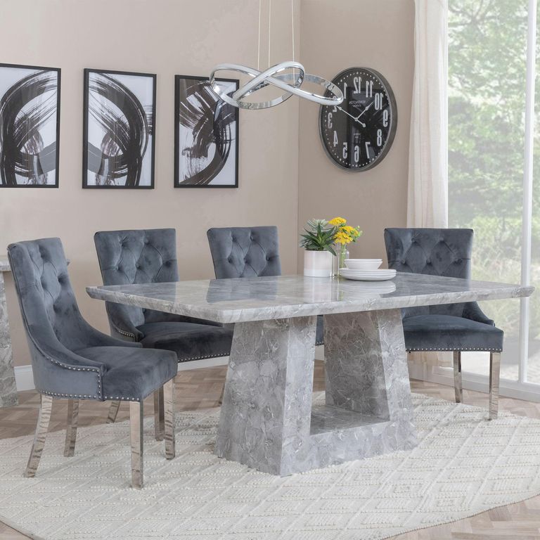 Milan Grey Marble Dining Set - Knocker Back Grey Velvet Fabric Dining Chair with Chrome Legs