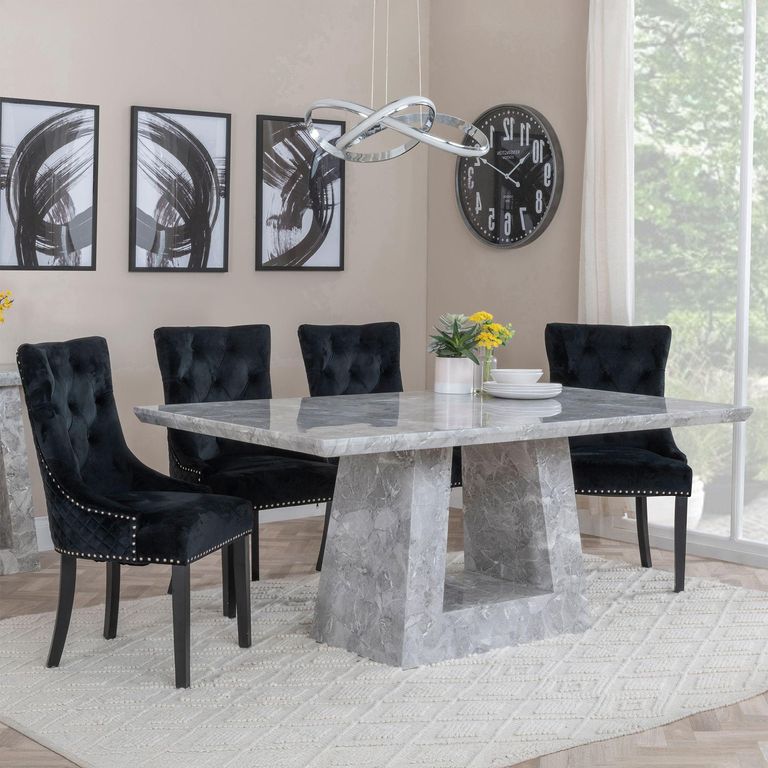 Milan Grey Marble Dining Set - Lion Knocker Back Black Velvet Fabric Dining Chair with Black Wooden Legs