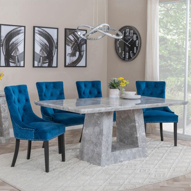 Milan Grey Marble Dining Set - Lion Knocker Back Blue Velvet Fabric Dining Chair with Black Wooden Legs