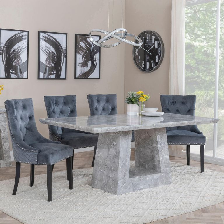 Milan Grey Marble Dining Set - Lion Knocker Back Grey Velvet Fabric Dining Chair with Black Wooden Legs