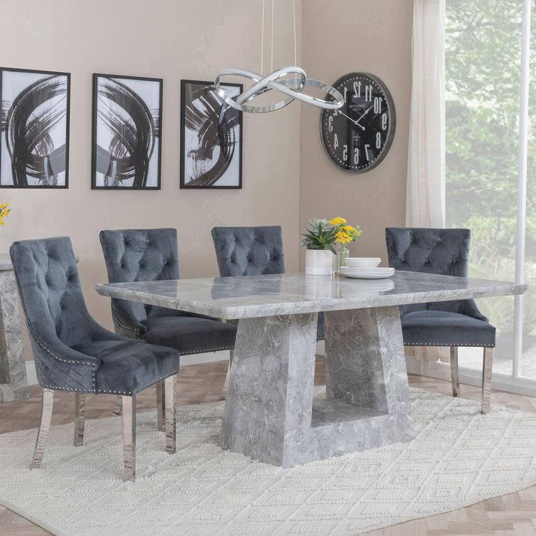 Milan Grey Marble Dining Set - Lion Knocker Back Grey Velvet Fabric Dining Chair with Chrome Legs