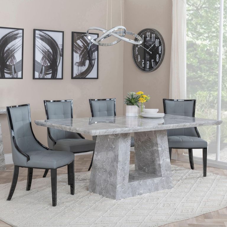 Milan Grey Marble Dining Set - Paris Grey Leather Dining Chair with Black Legs