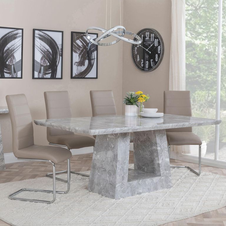 Milan Grey Marble Dining Set - Roma Beige Faux Leather Dining Chair