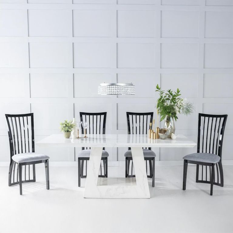Milan White Marble Dining Set - Athena Black High Gloss Slatted Back Dining Chair with Grey Seat Pads