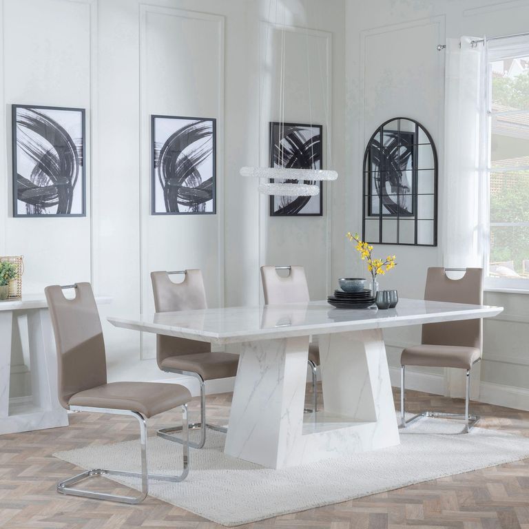 Milan White Marble Dining Set - Bianco Beige Faux Leather Dining Chair