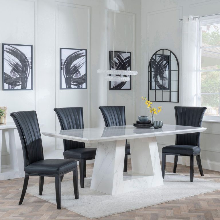 Milan White Marble Dining Set - Cadiz Black Leather Dining Chair