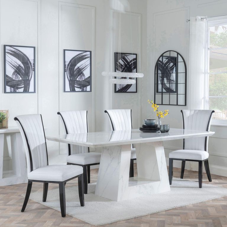 Milan White Marble Dining Set - Cadiz White Leather Dining Chair