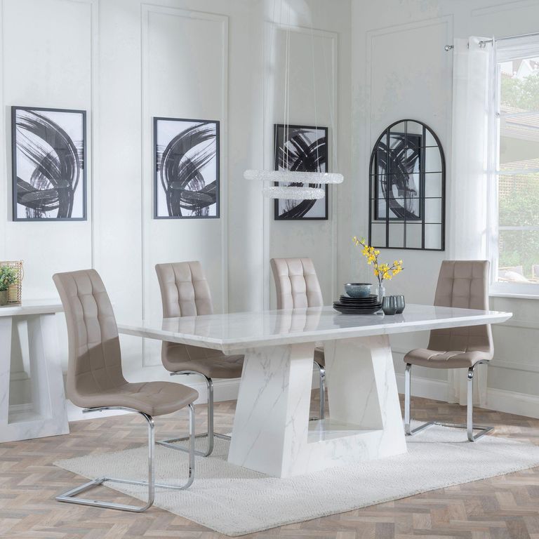 Milan White Marble Dining Set - Jamison Beige Faux Leather Dining Chair
