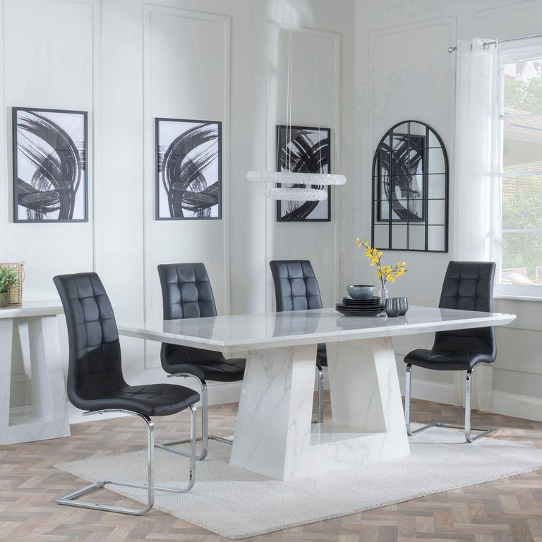Milan White Marble Dining Set - Jamison Black Faux Leather Dining Chair
