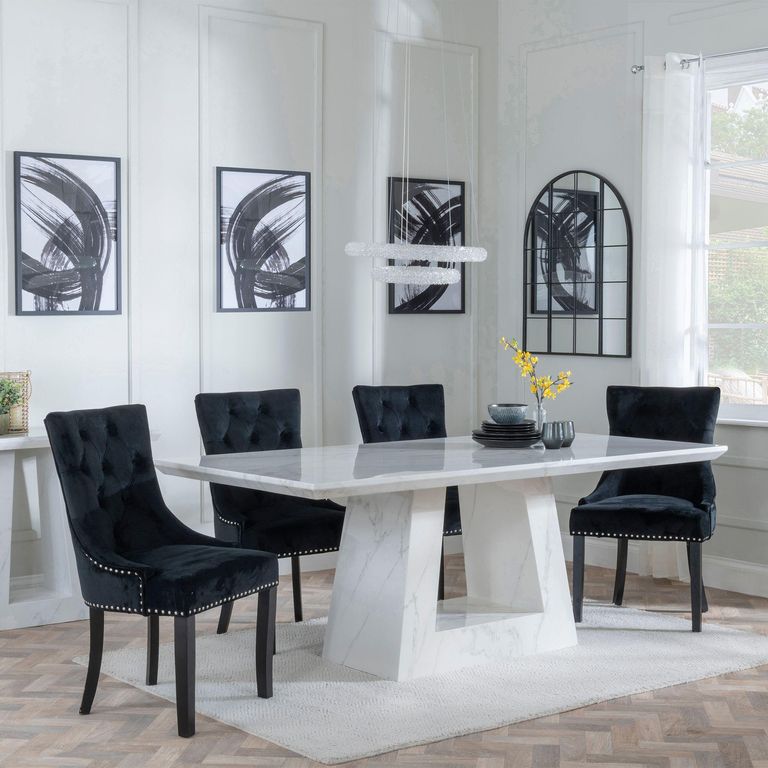 Milan White Marble Dining Set - Knocker Back Black Velvet Fabric Dining Chair with Black Wooden Legs