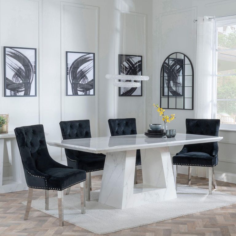 Milan White Marble Dining Set - Knocker Back Black Velvet Fabric Dining Chair with Chrome Legs