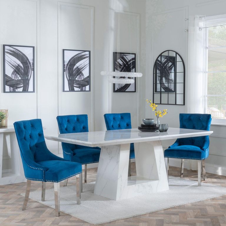 Milan White Marble Dining Set - Knocker Back Blue Velvet Fabric Dining Chair with Chrome Legs