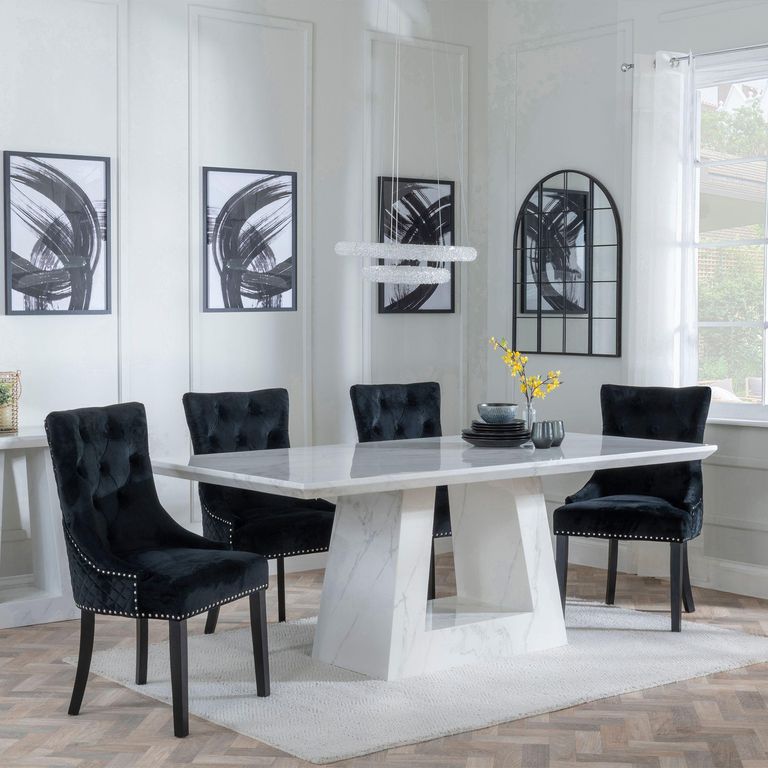 Milan White Marble Dining Set - Lion Knocker Back Black Velvet Fabric Dining Chair with Black Wooden Legs