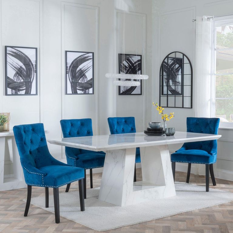 Milan White Marble Dining Set - Lion Knocker Back Blue Velvet Fabric Dining Chair with Black Wooden Legs