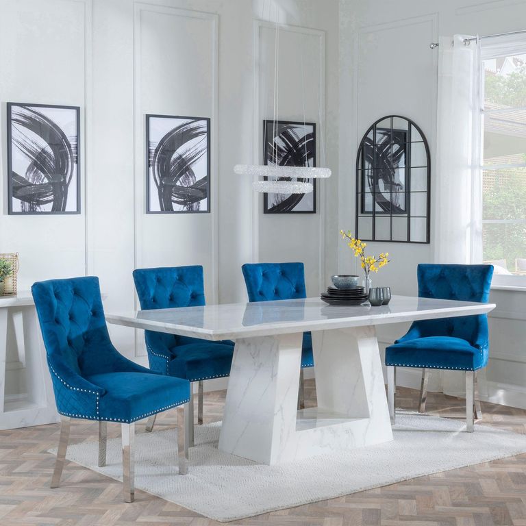 Milan White Marble Dining Set - Lion Knocker Back Blue Velvet Fabric Dining Chair with Chrome Legs
