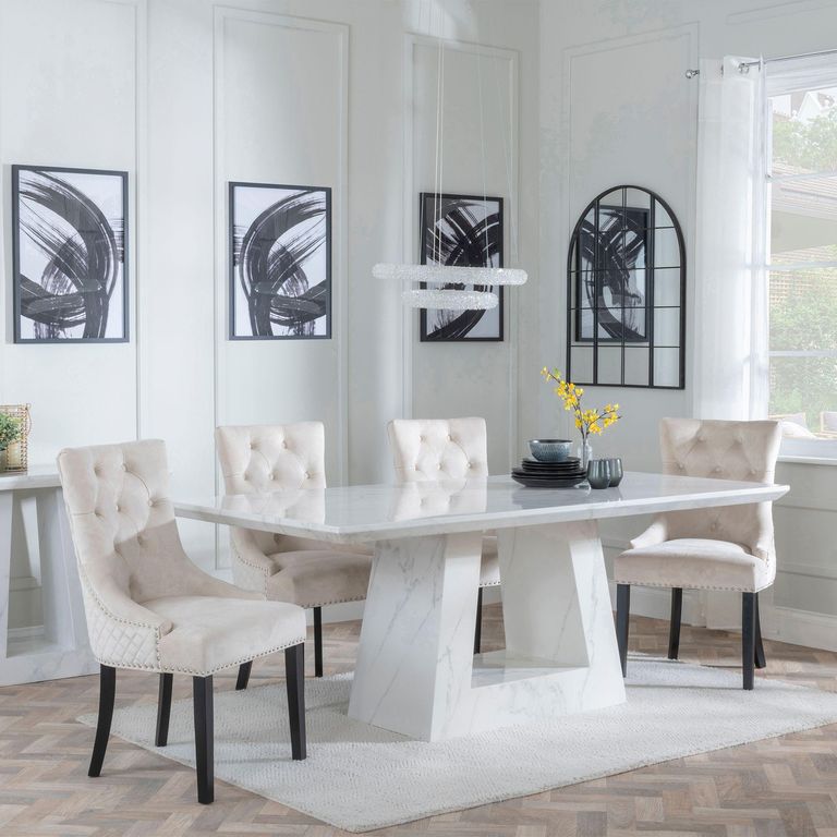 Milan White Marble Dining Set - Lion Knocker Back Champagne Velvet Fabric Dining Chair with Black Wooden Legs