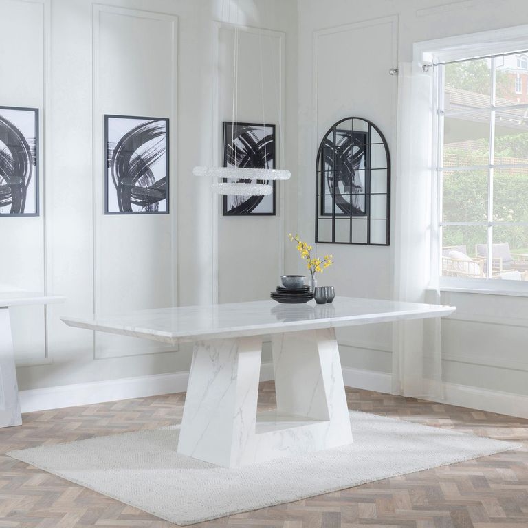 Milan White Marble Dining Set - Lion Knocker Back Grey Velvet Fabric Dining Chair with Chrome Legs