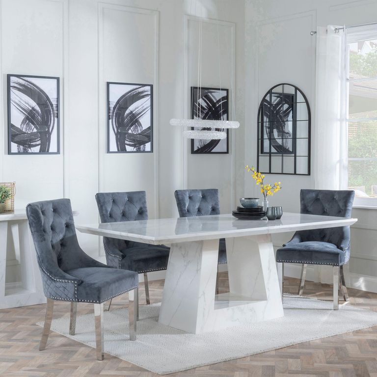 Milan White Marble Dining Set - Lion Knocker Back Grey Velvet Fabric Dining Chair with Chrome Legs