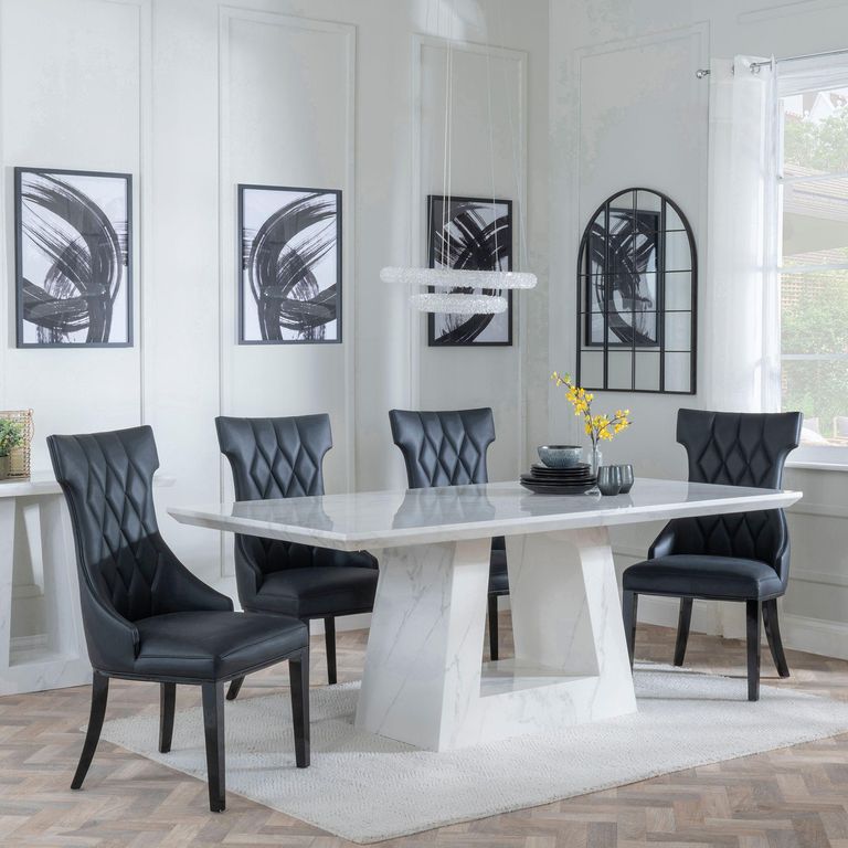 Milan White Marble Dining Set - Mimi Black Leather Dining Chair