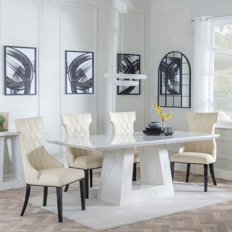Milan White Marble Dining Set - Mimi Cream Leather Dining Chair
