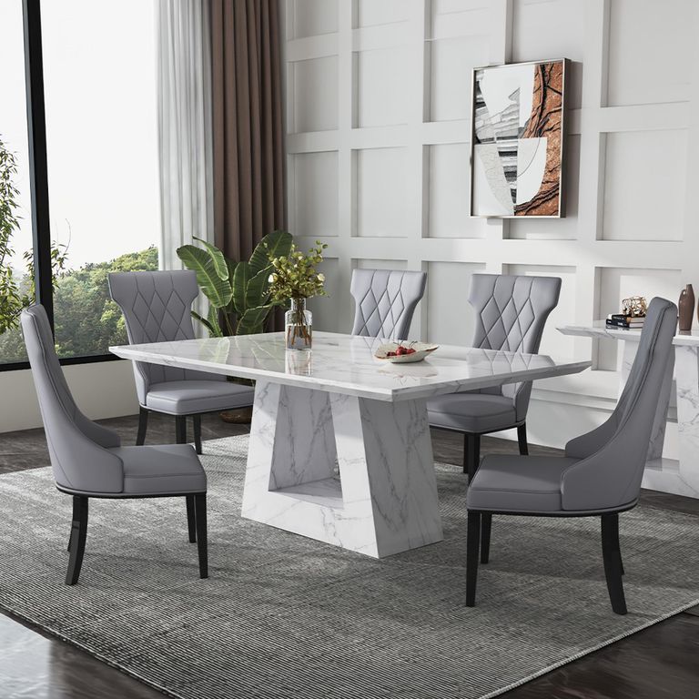 Milan White Marble Dining Set - Mimi Grey Leather Dining Chair
