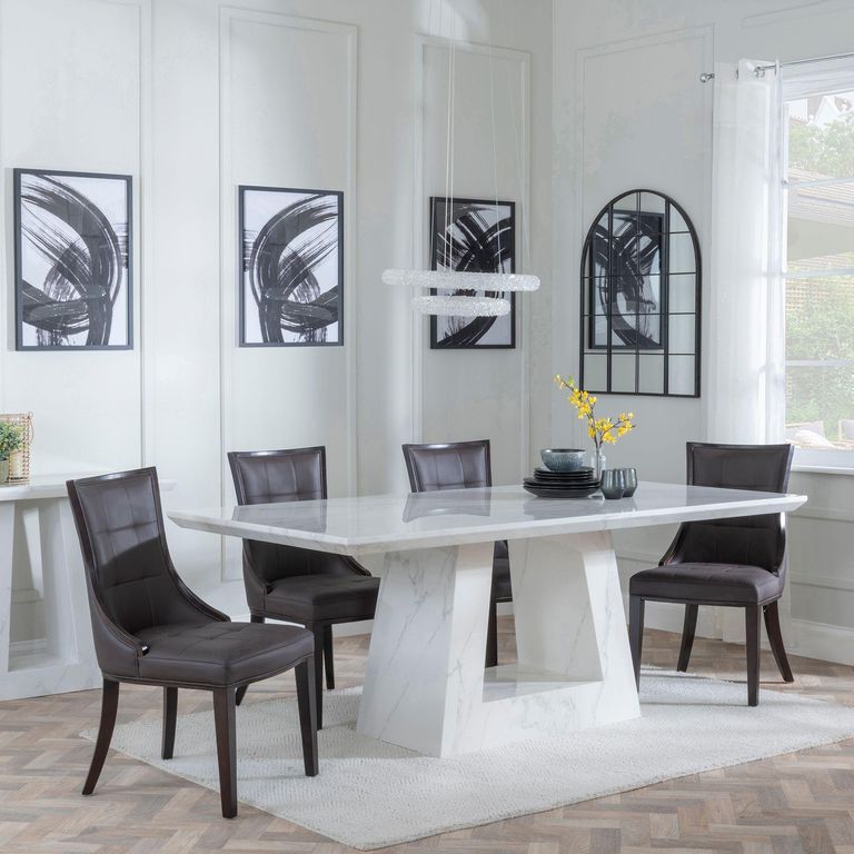 Milan White Marble Dining Set - Paris Brown Leather Dining Chair with Brown Legs