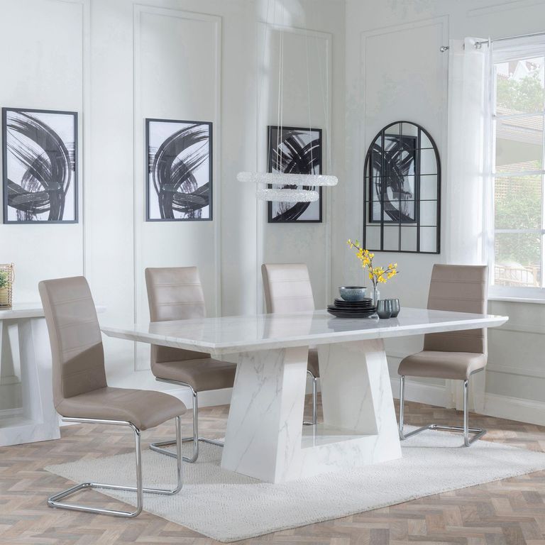 Milan White Marble Dining Set - Roma Beige Faux Leather Dining Chair