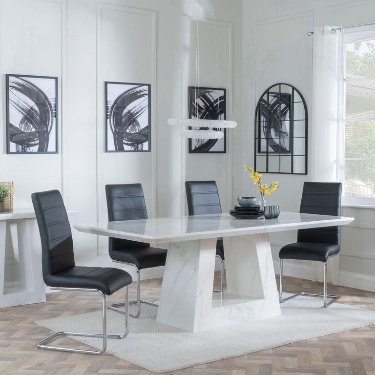 Milan White Marble Dining Set - Roma Black Faux Leather Dining Chair