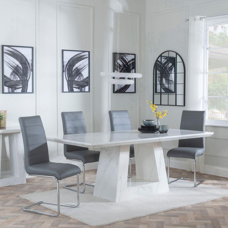 Milan White Marble Dining Set - Roma Grey Faux Leather Dining Chair