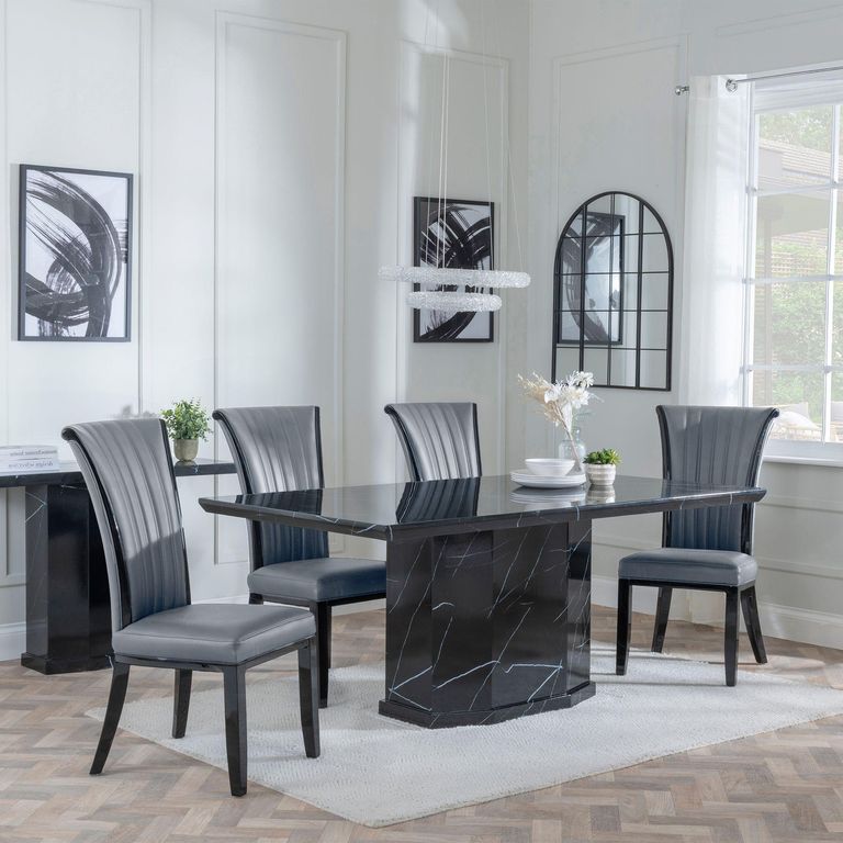 Naples Black Marble Dining Set - Cadiz Grey Leather Dining Chair