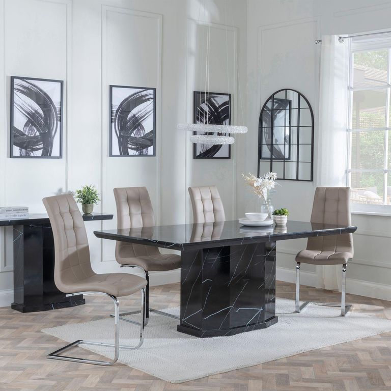 Naples Black Marble Dining Set - Jamison Beige Faux Leather Dining Chair