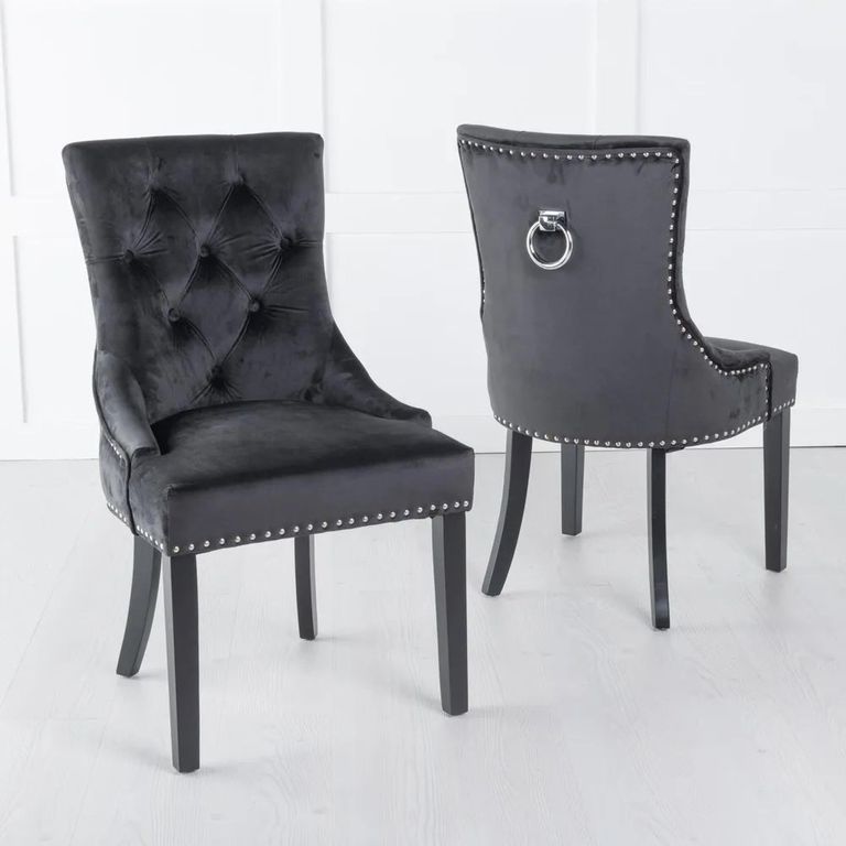 Naples Black Marble Dining Set - Knocker Back Black Velvet Fabric Dining Chair with Black Wooden Legs