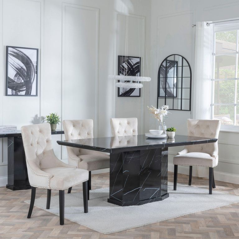 Naples Black Marble Dining Set - Knocker Back Champagne Velvet Fabric Dining Chair with Black Wooden Legs