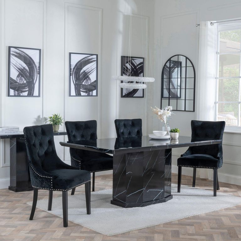 Naples Black Marble Dining Set - Lion Knocker Back Black Velvet Fabric Dining Chair with Black Wooden Legs