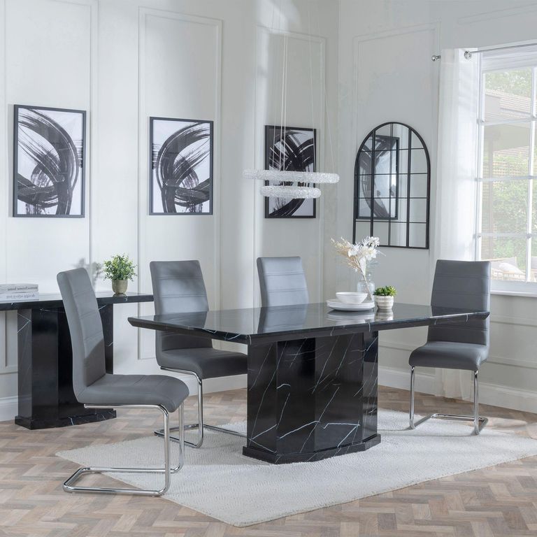 Naples Black Marble Dining Set - Roma Grey Faux Leather Dining Chair