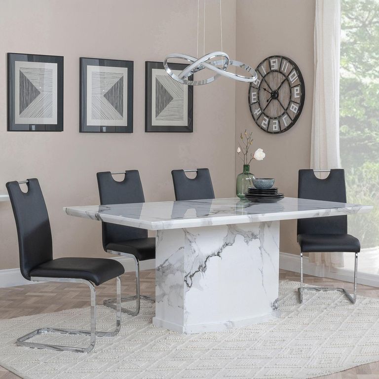 Naples White Marble Dining Set - Bianco Black Faux Leather Dining Chair