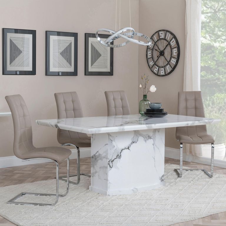 Naples White Marble Dining Set - Jamison Beige Faux Leather Dining Chair