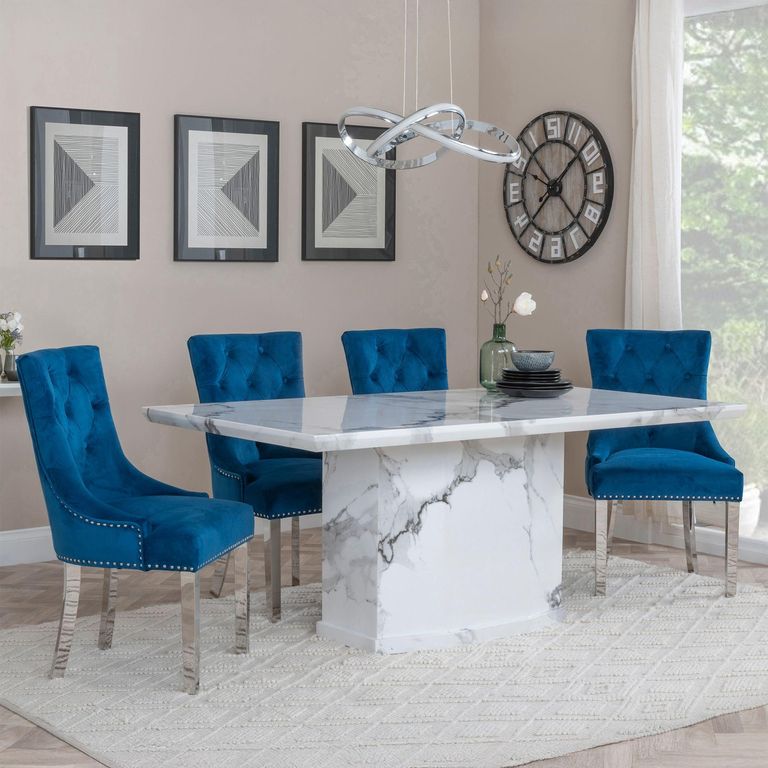 Naples White Marble Dining Set - Knocker Back Blue Velvet Fabric Dining Chair with Chrome Legs