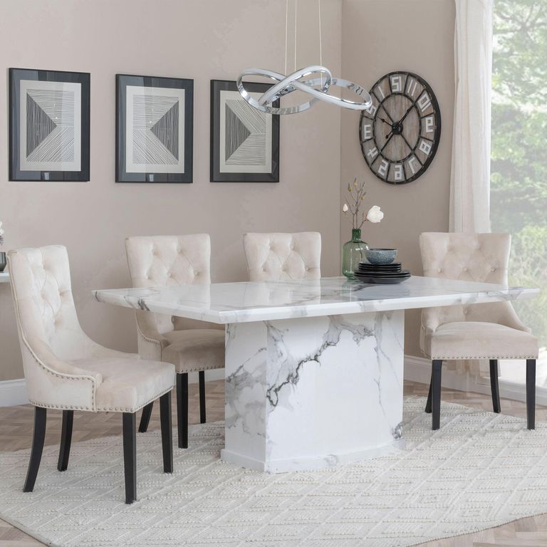 Naples White Marble Dining Set - Knocker Back Champagne Velvet Fabric Dining Chair with Black Wooden Legs