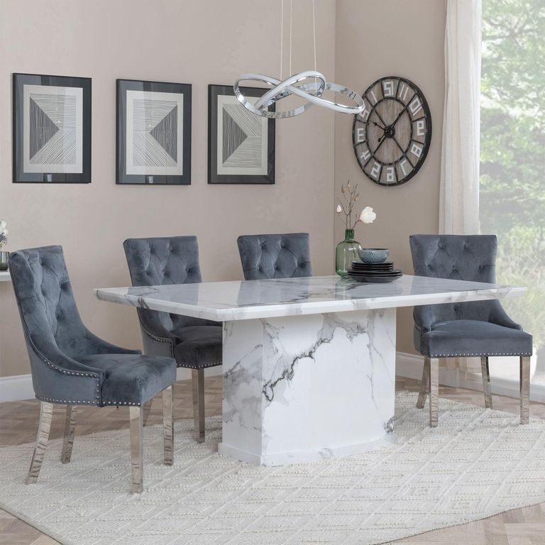 Naples White Marble Dining Set - Knocker Back Grey Velvet Fabric Dining Chair with Chrome Legs