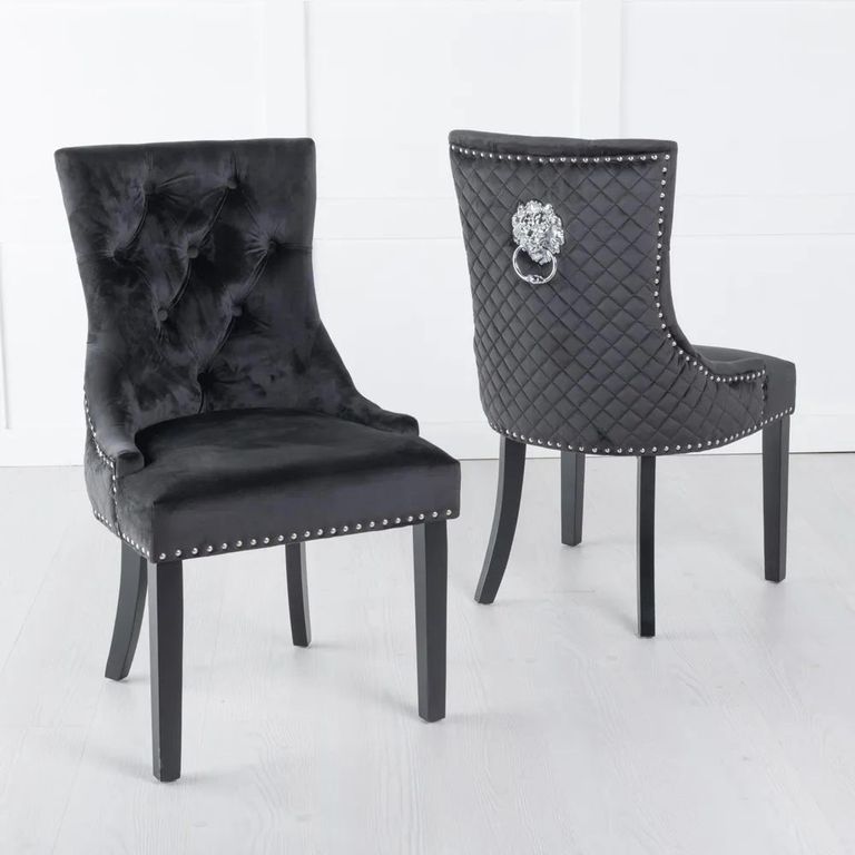 Naples White Marble Dining Set - Lion Knocker Back Black Velvet Fabric Dining Chair with Black Wooden Legs
