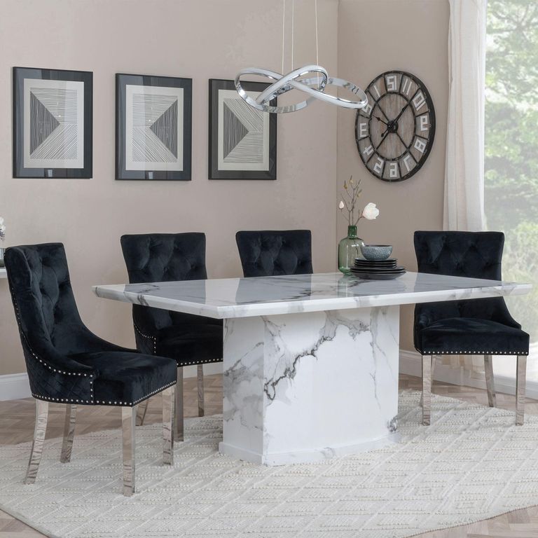Naples White Marble Dining Set - Lion Knocker Back Black Velvet Fabric Dining Chair with Chrome Legs