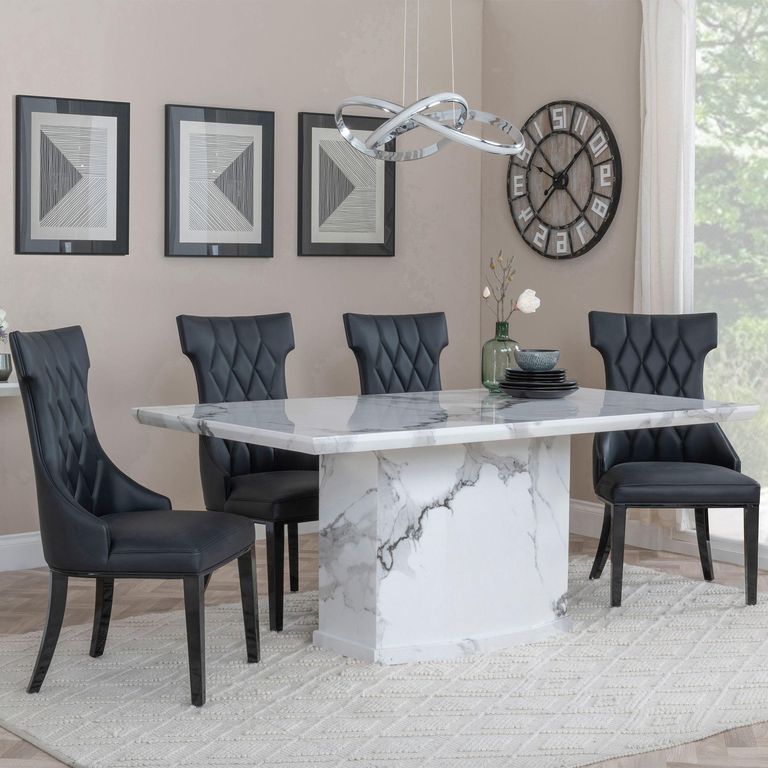 Naples White Marble Dining Set - Mimi Black Leather Dining Chair