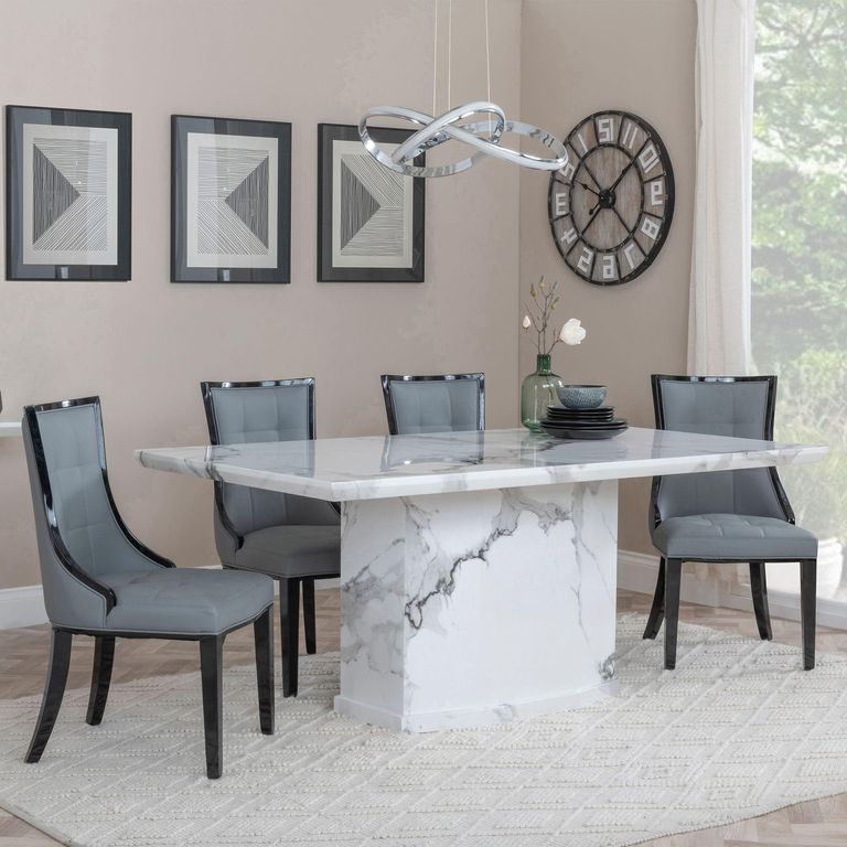 Naples White Marble Dining Set - Paris Grey Leather Dining Chair with Black Legs