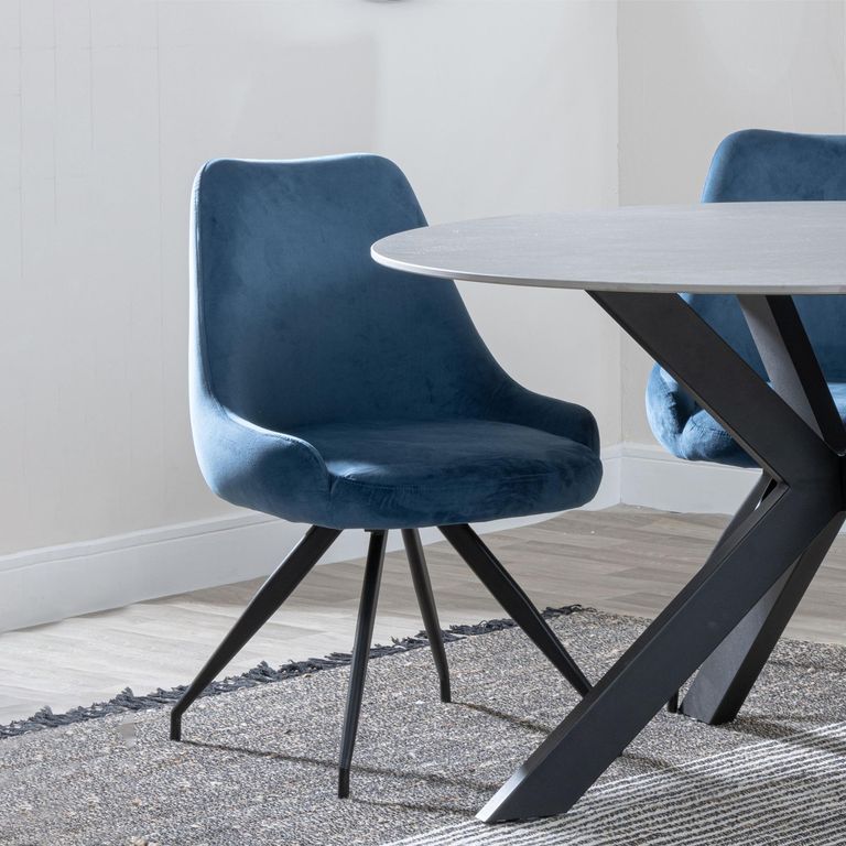 Novara Grey Ceramic 4 Seater Round Dining Set - 4 Arctic Blue Velvet Fabric Swivel Dining Chair