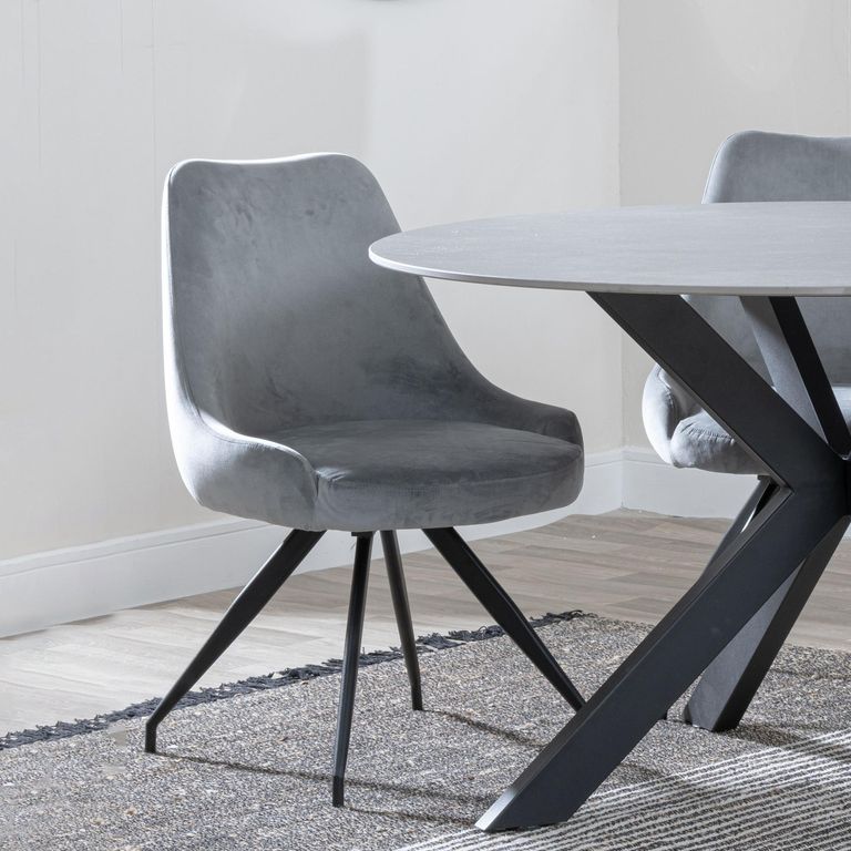 Novara Grey Ceramic 4 Seater Round Dining Set - 4 Arctic Grey Velvet Fabric Swivel Dining Chair