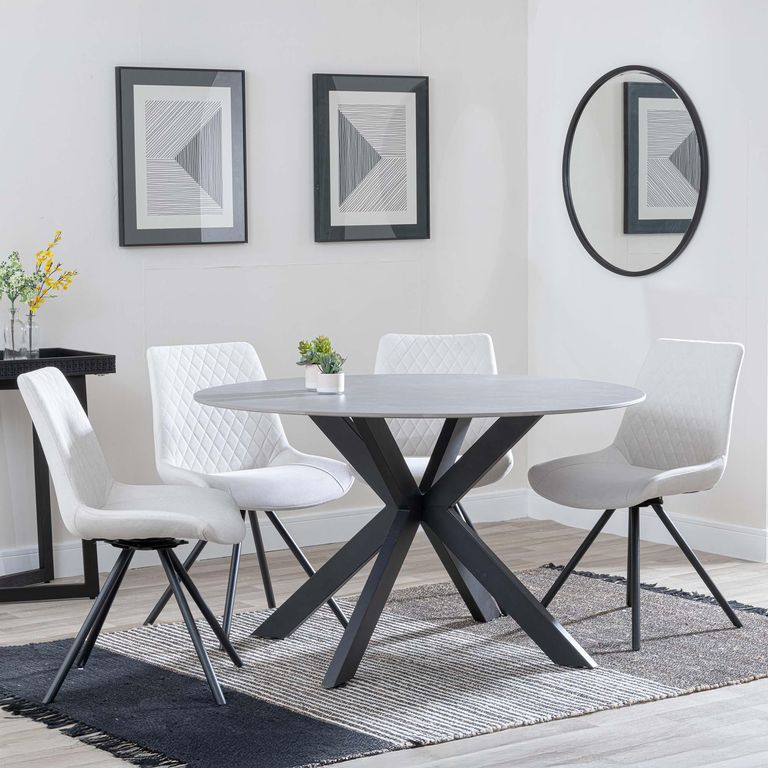 Novara Dining Set - 4 Seater - 130cm - Round - Grey Ceramic - 4x Boden Dining Chairs - Cream Fabric - Swivel